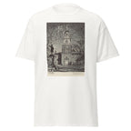 Unisex heather gray t-shirt featuring vintage Independence Hall poster artwork printed across the front