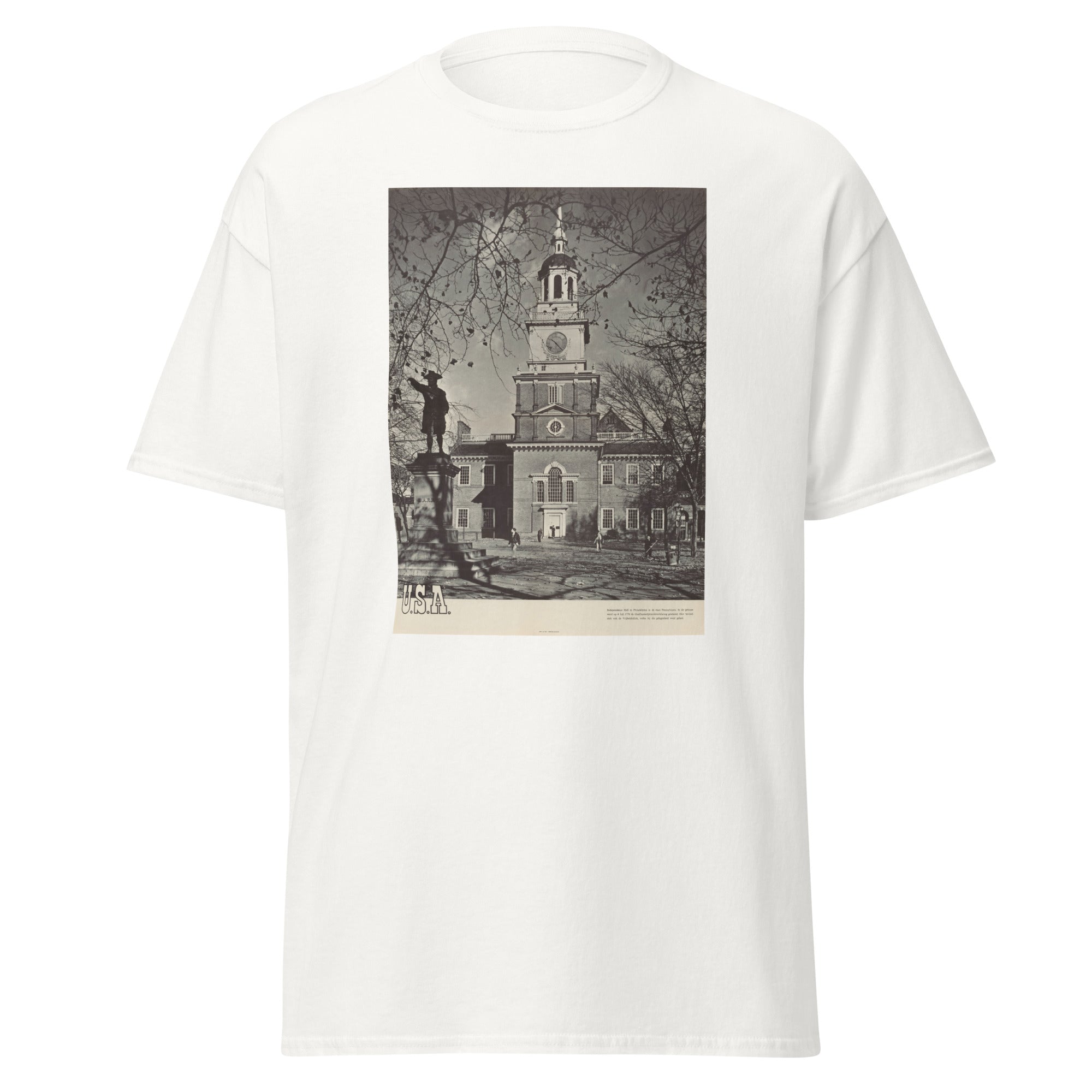 Unisex heather gray t-shirt featuring vintage Independence Hall poster artwork printed across the front