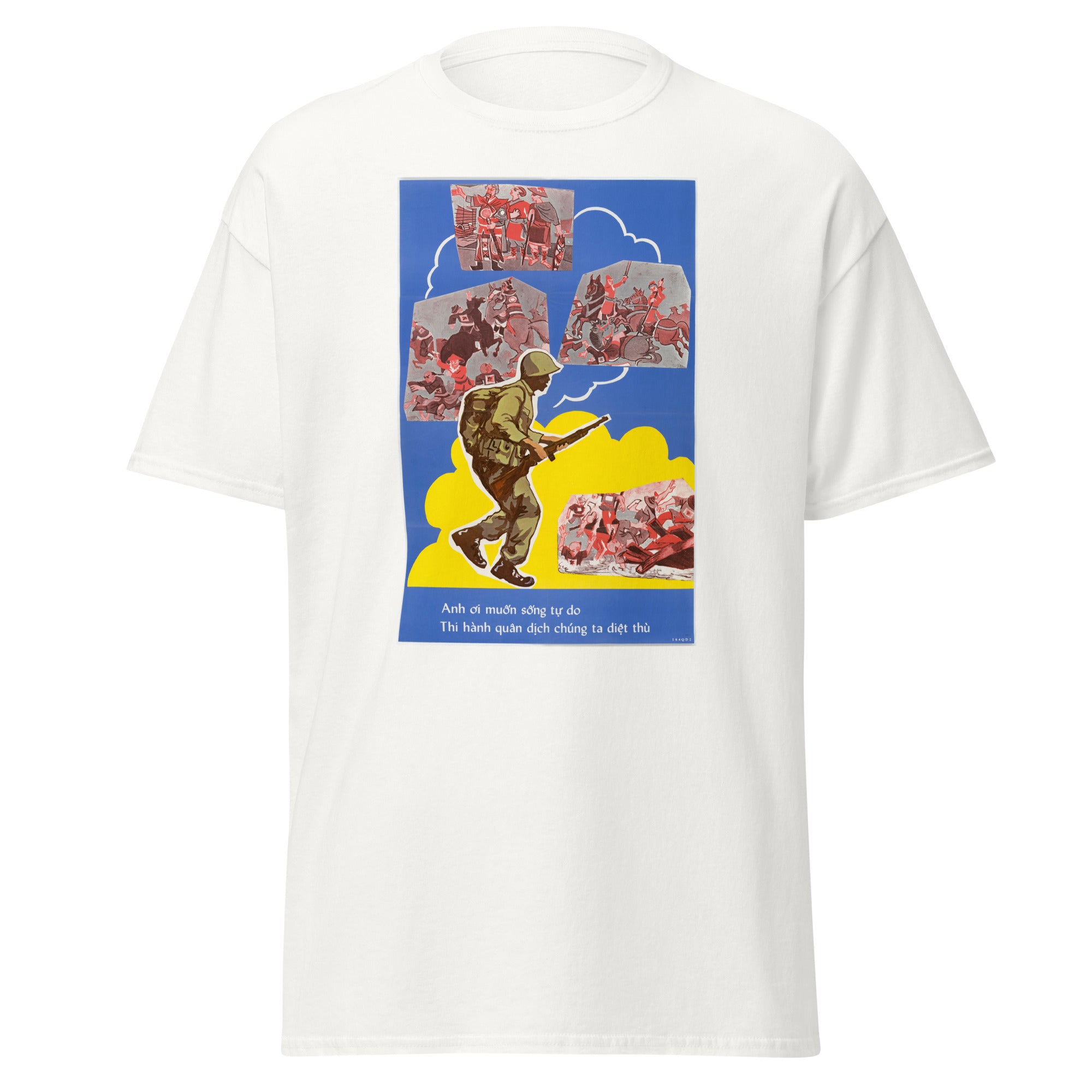 Unisex heather gray t-shirt featuring vintage Vietnam War poster artwork printed across the front