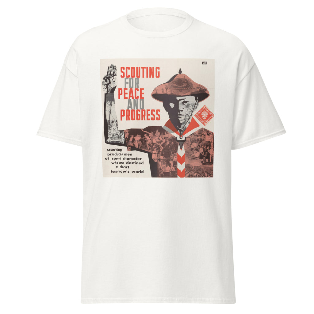 Unisex heather gray t-shirt featuring vintage Scouting for Progress poster artwork printed across the front