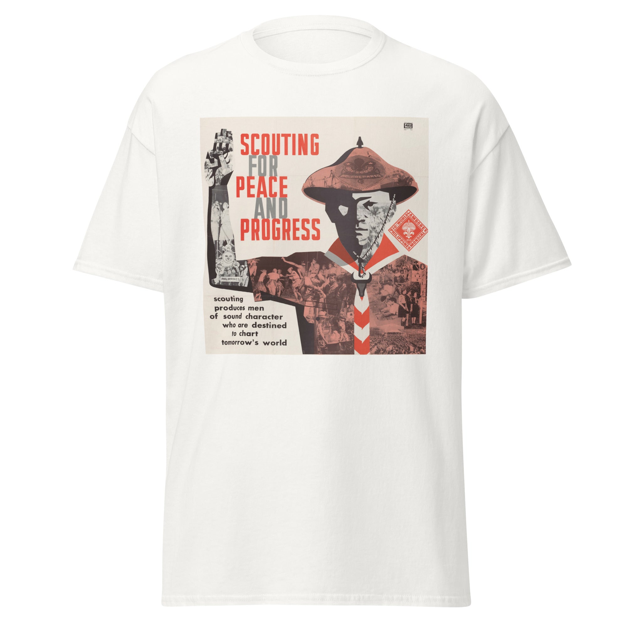 Unisex heather gray t-shirt featuring vintage Scouting for Progress poster artwork printed across the front