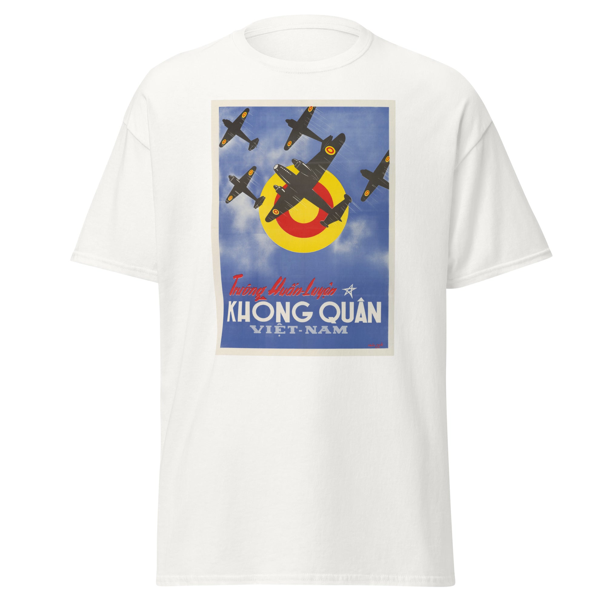 Unisex heather gray t-shirt featuring vintage Vietnam War poster artwork printed across the front