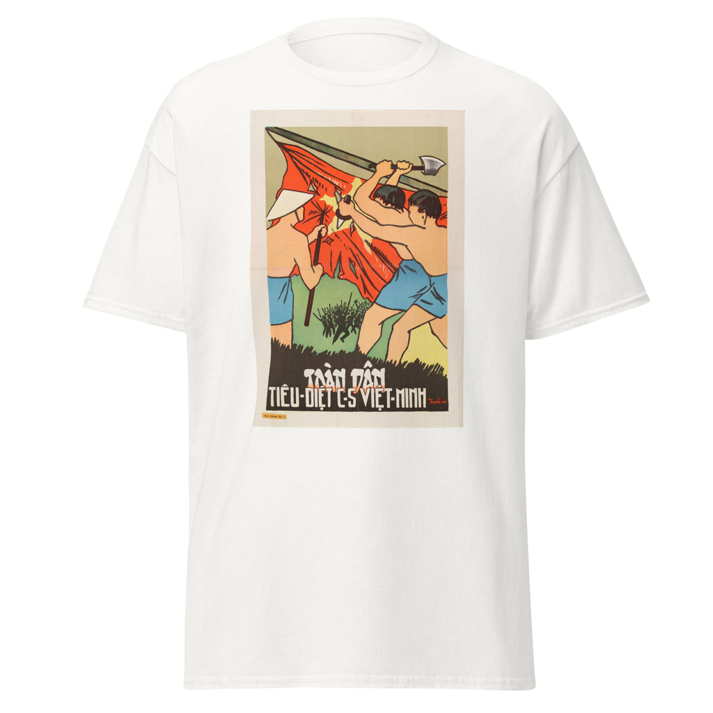 Unisex black t-shirt featuring vintage Vietnam War poster artwork printed across the front