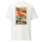 Unisex black t-shirt featuring vintage Vietnam War poster artwork printed across the front