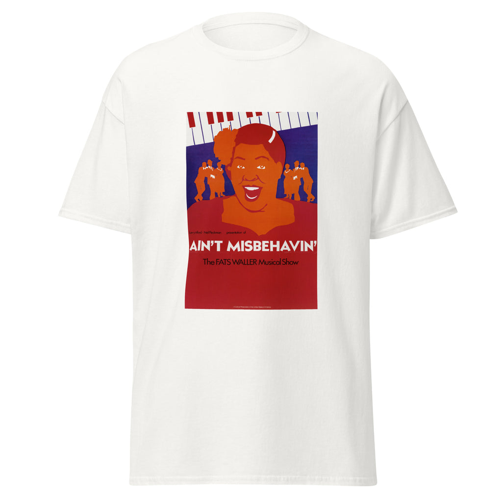 Unisex heather gray t-shirt featuring vintage Aint Misbehavin Fats Waller poster artwork printed across the front