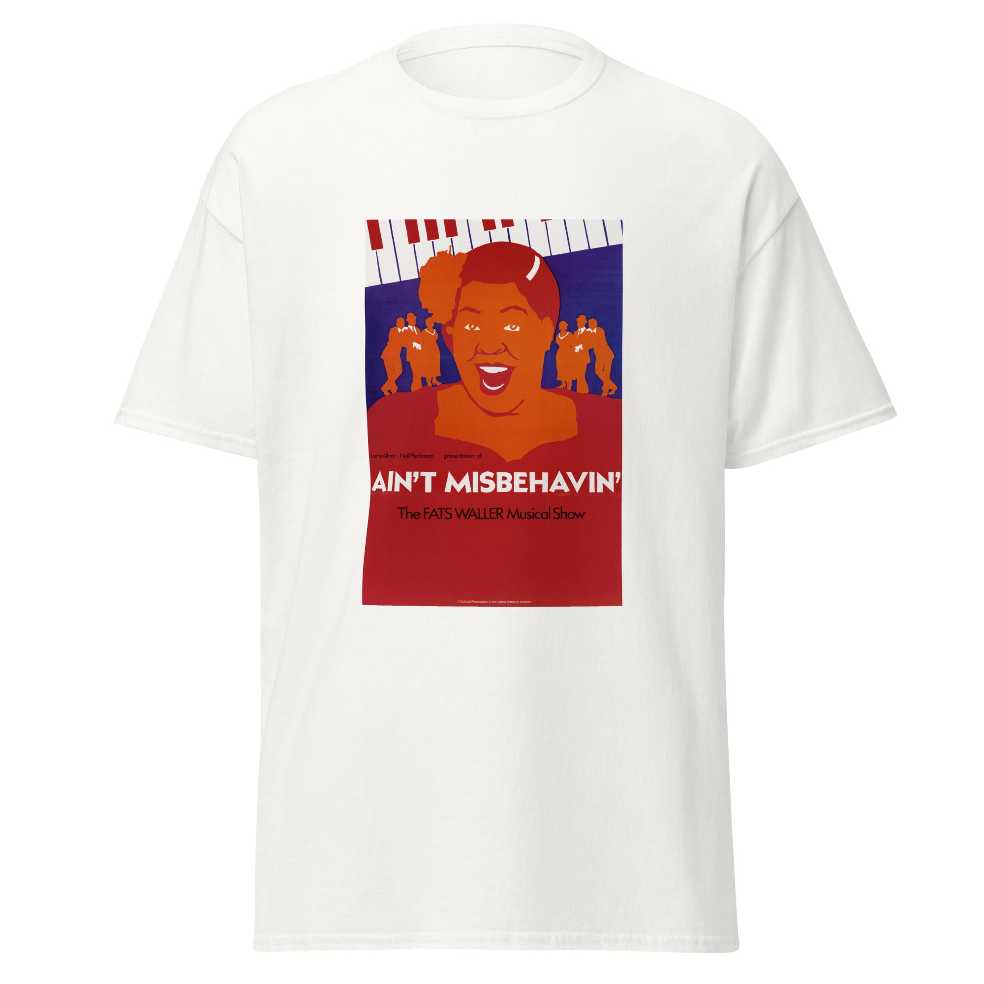 Unisex heather gray t-shirt featuring vintage Aint Misbehavin Fats Waller poster artwork printed across the front