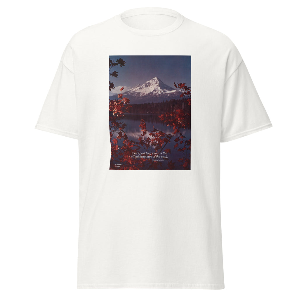 Unisex black t-shirt featuring vintage Mount Hood poster artwork printed across the front
