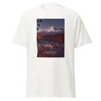 Unisex black t-shirt featuring vintage Mount Hood poster artwork printed across the front