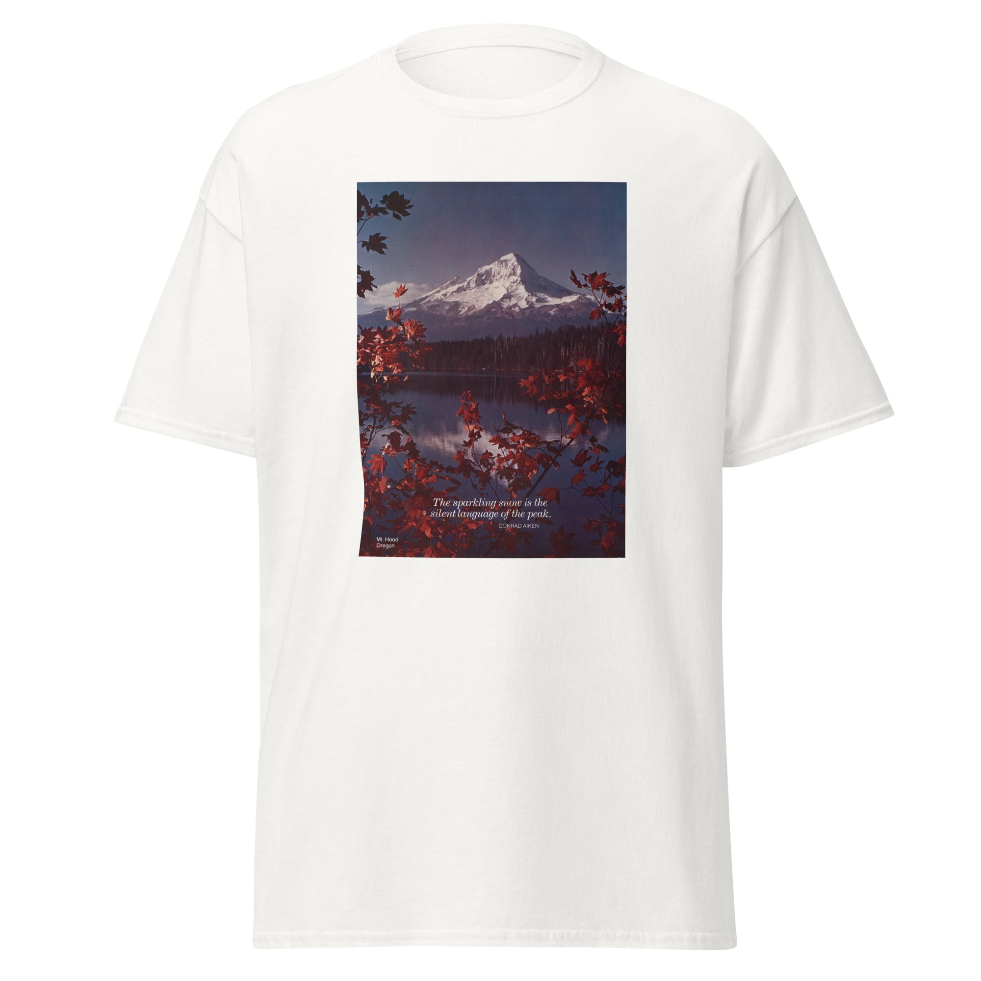 Unisex black t-shirt featuring vintage Mount Hood poster artwork printed across the front