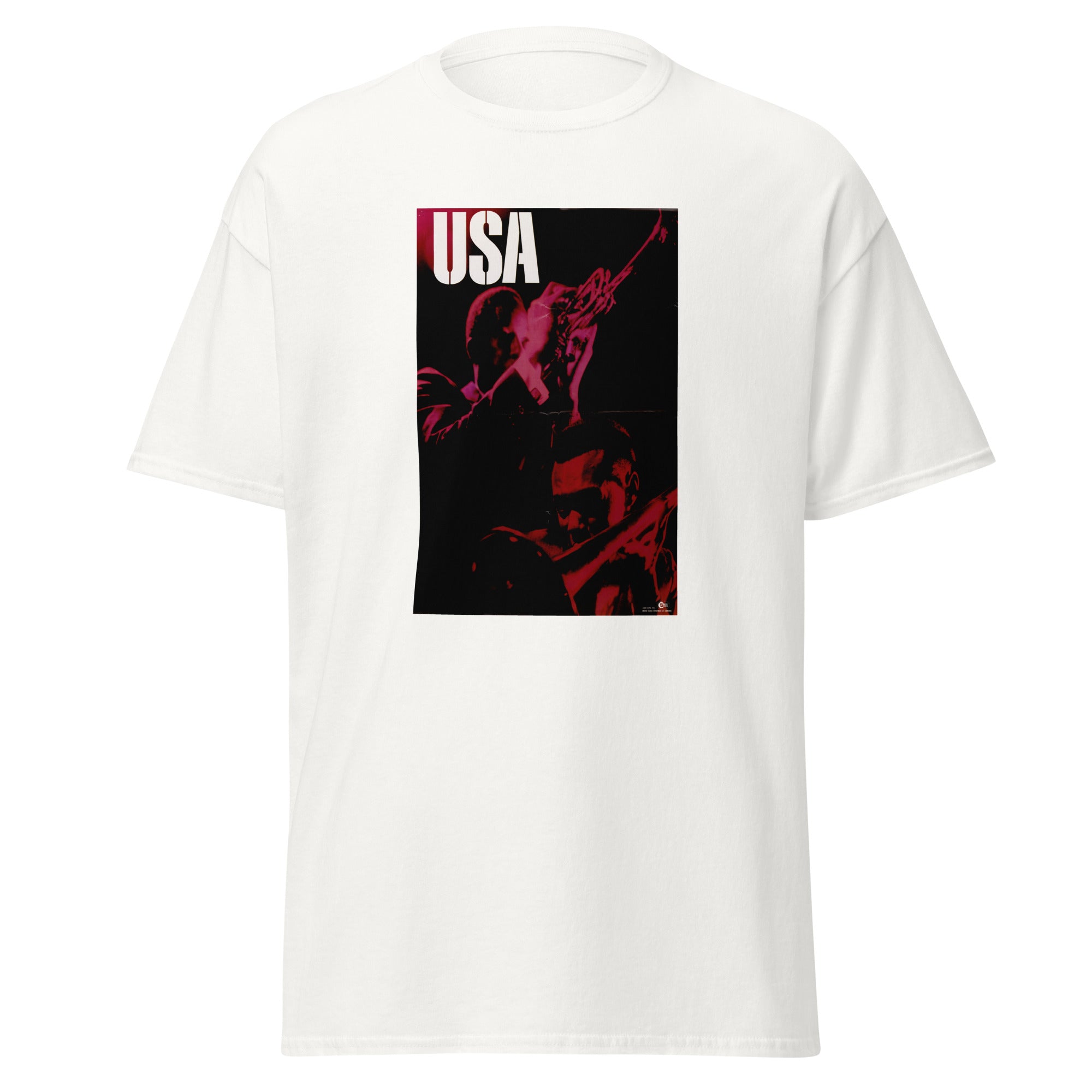 Unisex black t-shirt featuring vintage USA Jazz poster artwork printed across the front