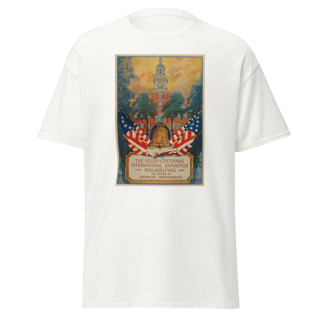 Unisex black t-shirt featuring vintage USA 150th Anniversary poster artwork printed across the front