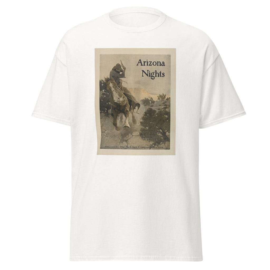 Unisex heather gray t-shirt featuring vintage Arizona Nights poster artwork printed across the front