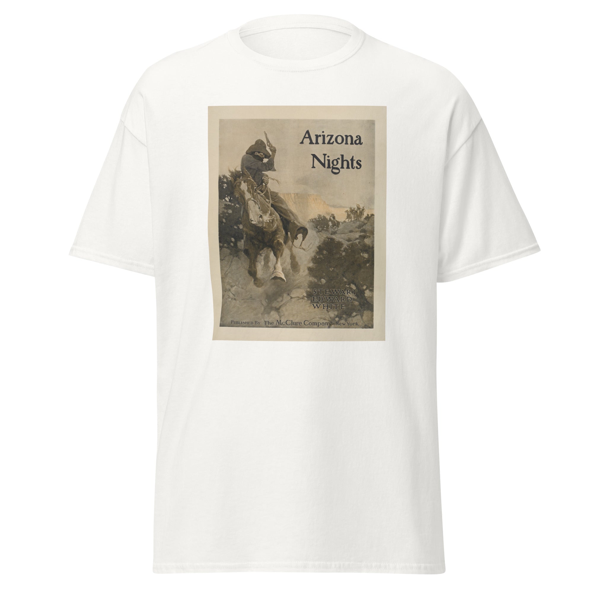 Unisex heather gray t-shirt featuring vintage Arizona Nights poster artwork printed across the front