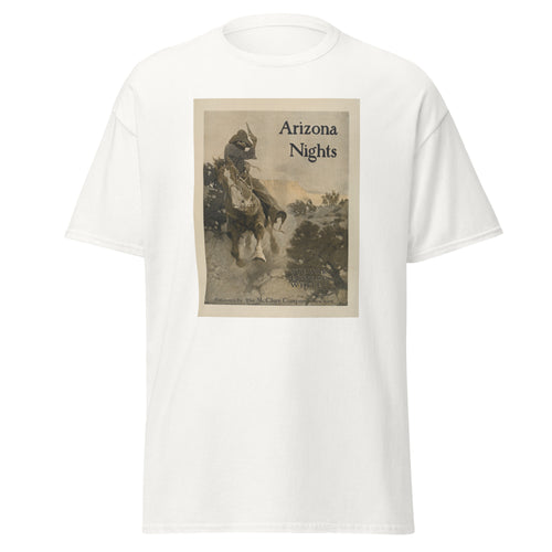 Unisex heather gray t-shirt featuring vintage Arizona Nights poster artwork printed across the front