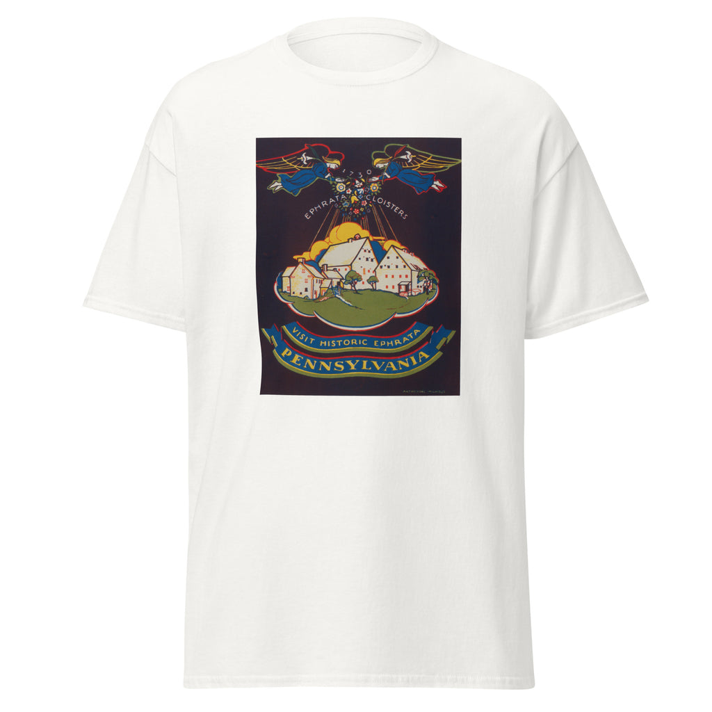 Unisex black t-shirt featuring vintage Ephrata Cloisters poster artwork printed across the front