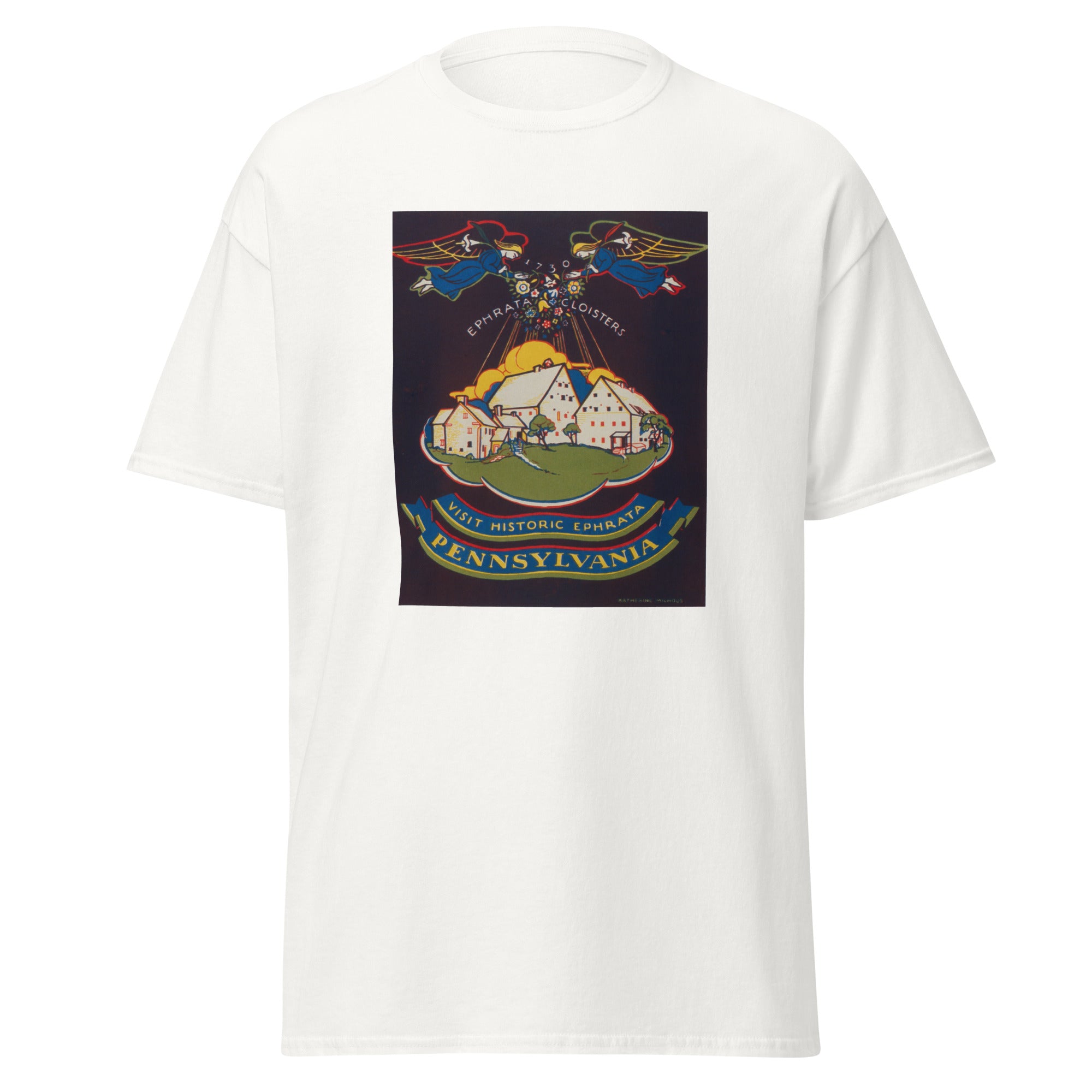 Unisex black t-shirt featuring vintage Ephrata Cloisters poster artwork printed across the front