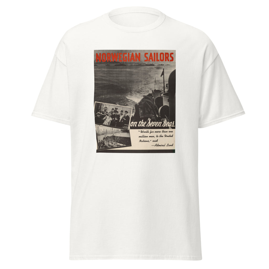 Unisex heather gray t-shirt featuring vintage Norwegian Sailors poster artwork printed across the front