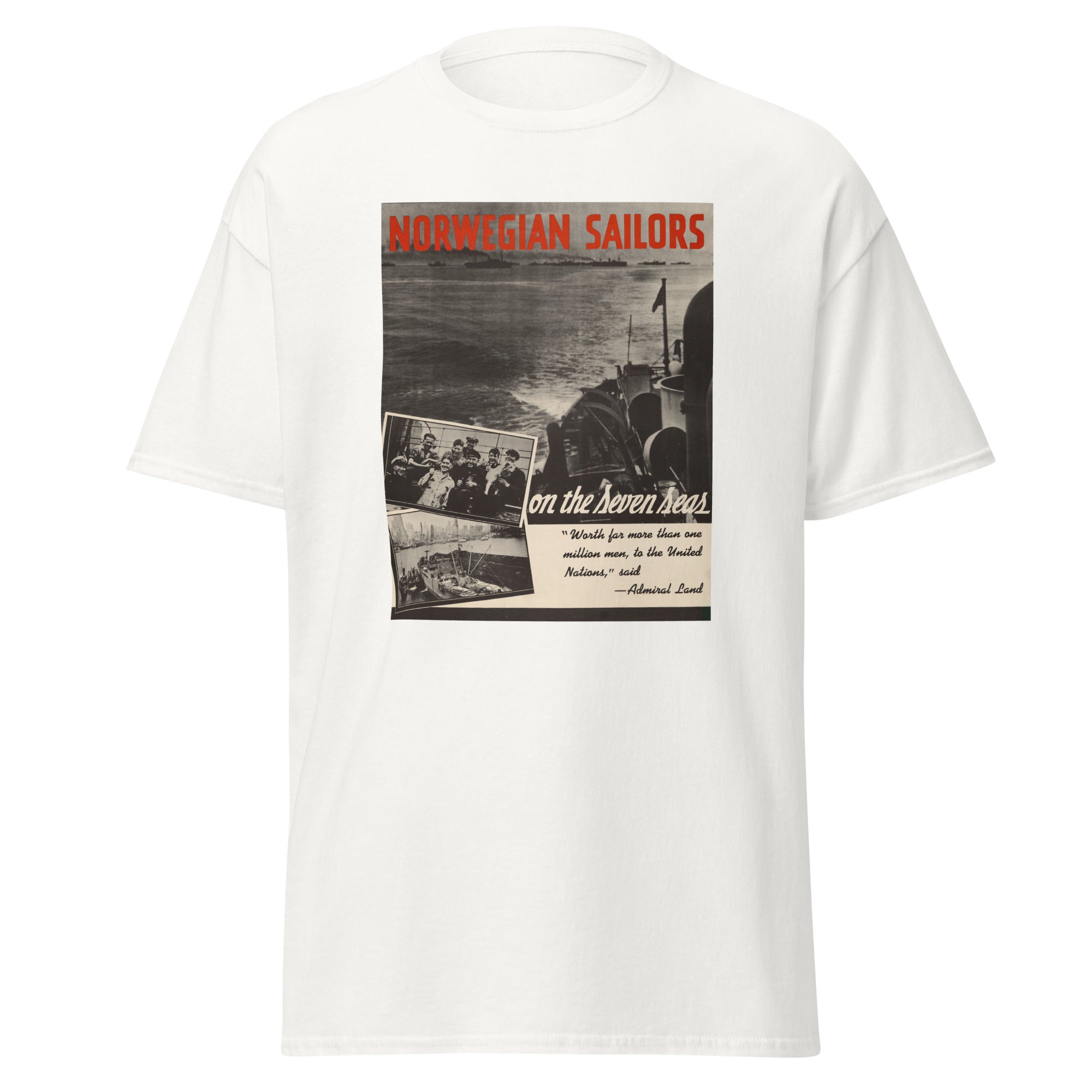 Unisex heather gray t-shirt featuring vintage Norwegian Sailors poster artwork printed across the front
