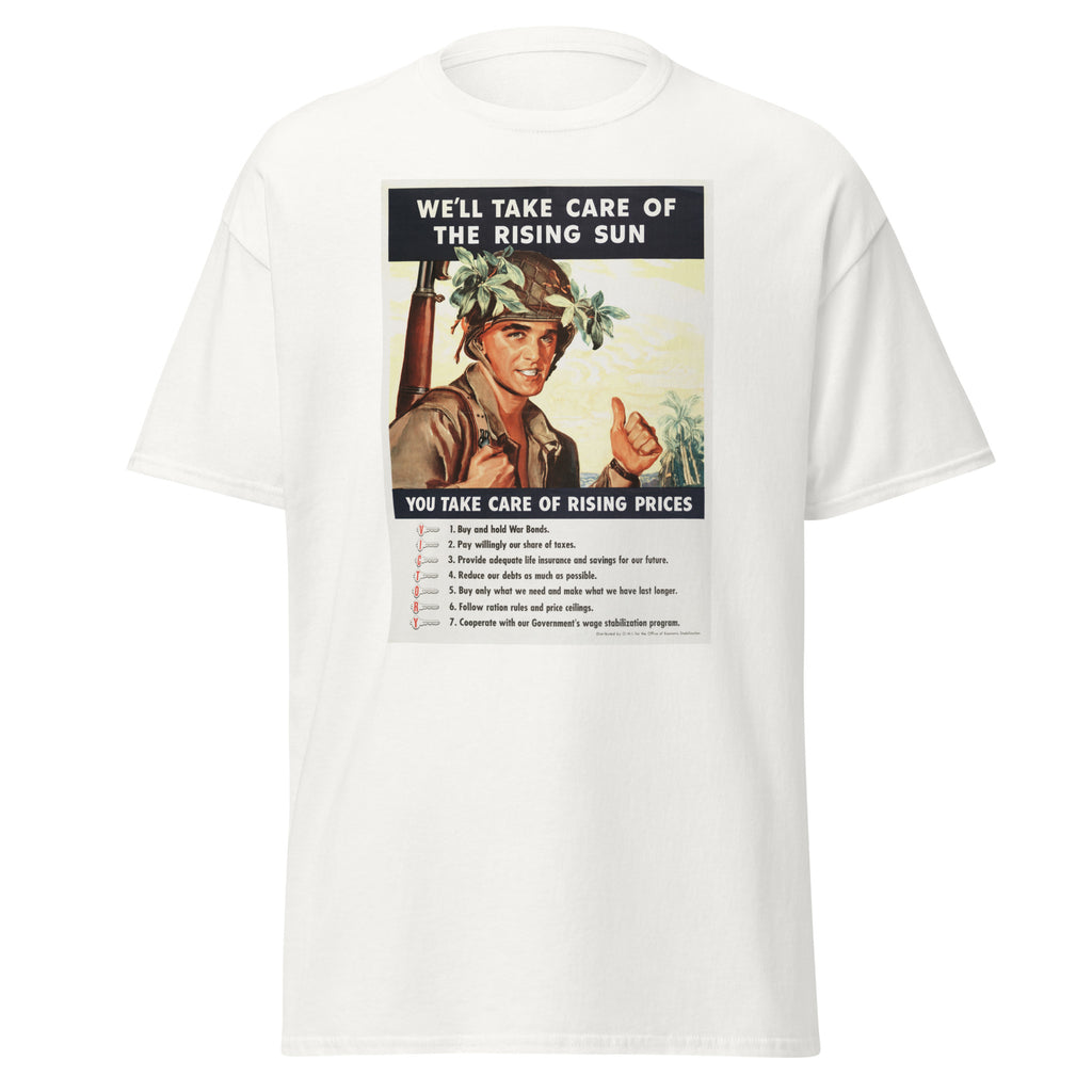 Unisex black t-shirt featuring vintage Rising Sun Vintage poster artwork printed across the front