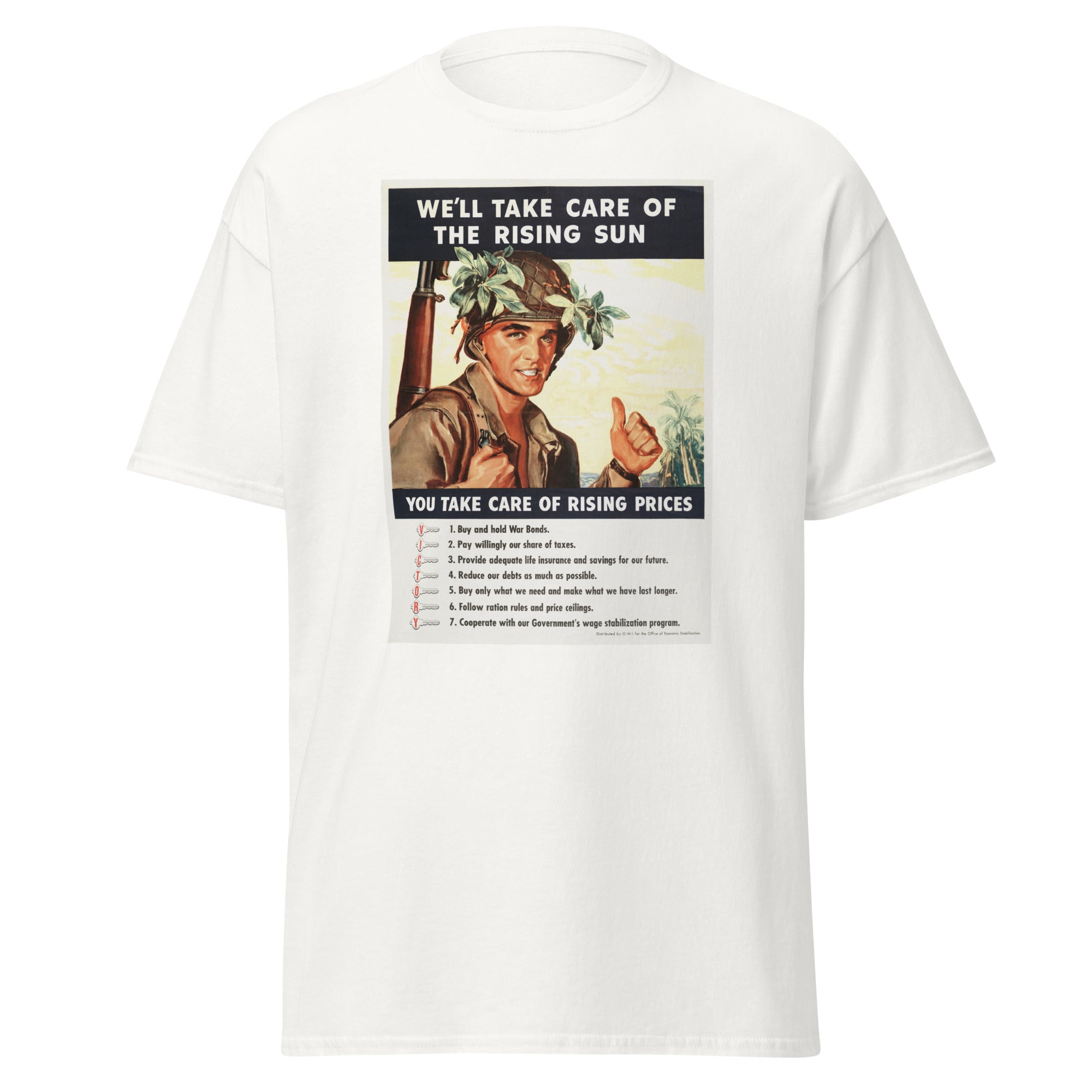 Unisex black t-shirt featuring vintage Rising Sun Vintage poster artwork printed across the front