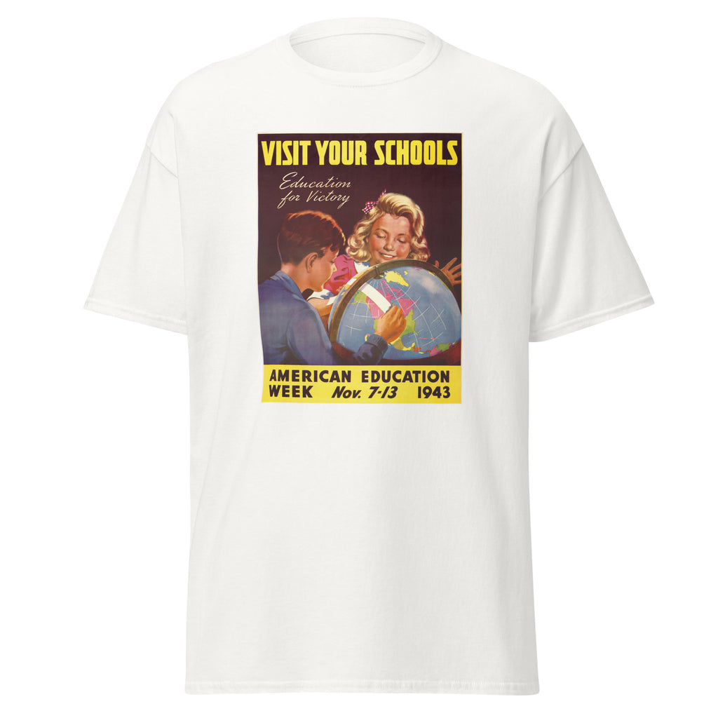 Unisex black t-shirt featuring vintage Education for Victory poster artwork printed across the front