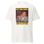 Unisex black t-shirt featuring vintage Education for Victory poster artwork printed across the front