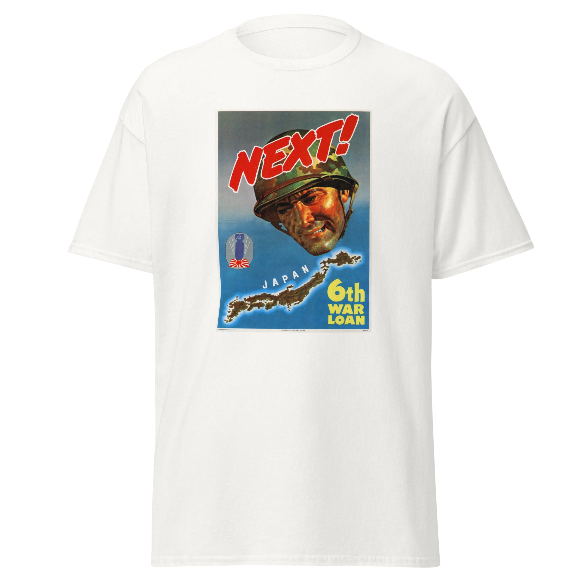Unisex heather gray t-shirt featuring vintage War Against Japan poster artwork printed across the front