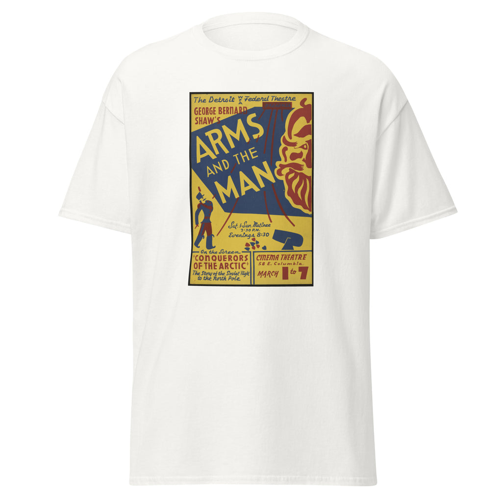 Unisex heather gray t-shirt featuring vintage Arms and the Man poster artwork printed across the front