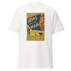 Unisex heather gray t-shirt featuring vintage Arms and the Man poster artwork printed across the front