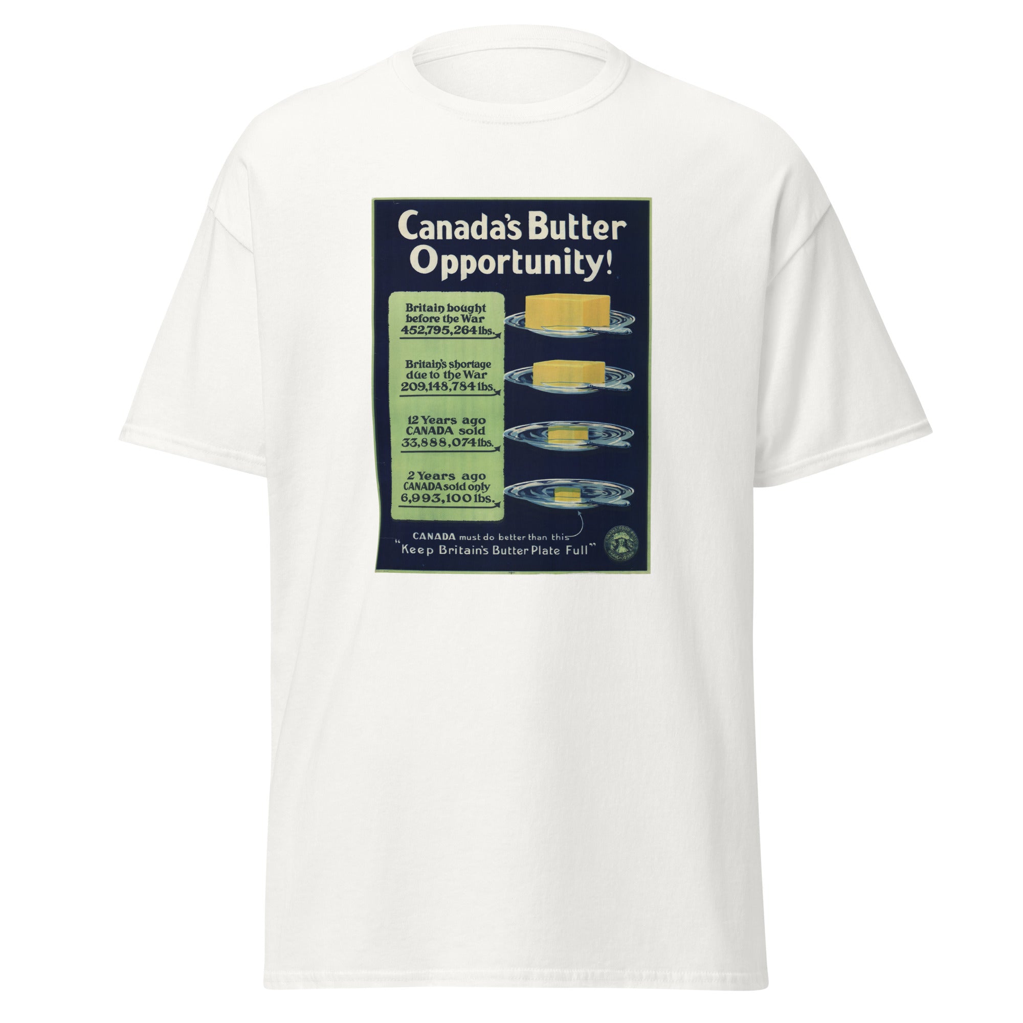 Unisex heather gray t-shirt featuring vintage Canada Butter Vintage poster artwork printed across the front