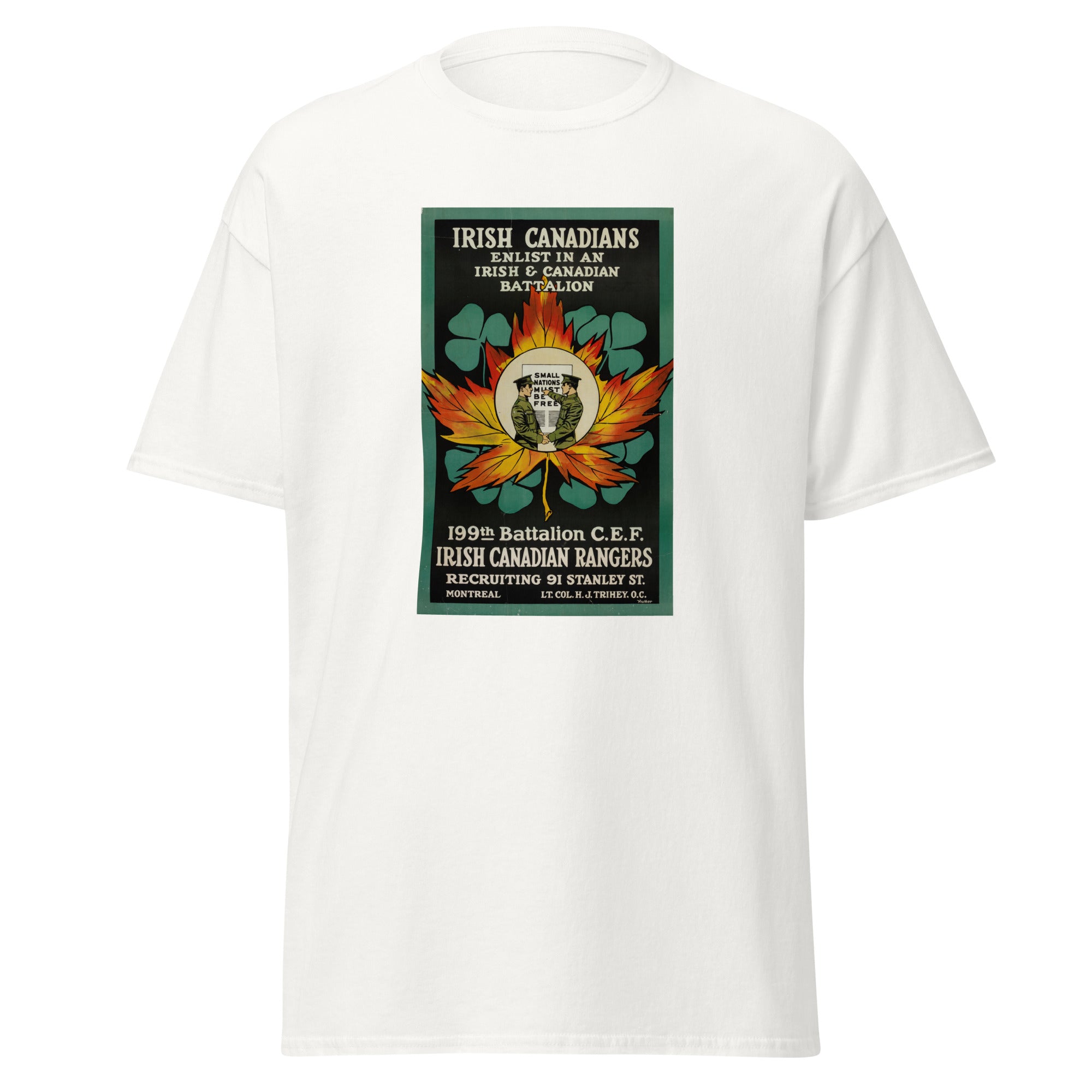 Unisex heather gray t-shirt featuring vintage Irish Canadian Recruitment poster artwork printed across the front