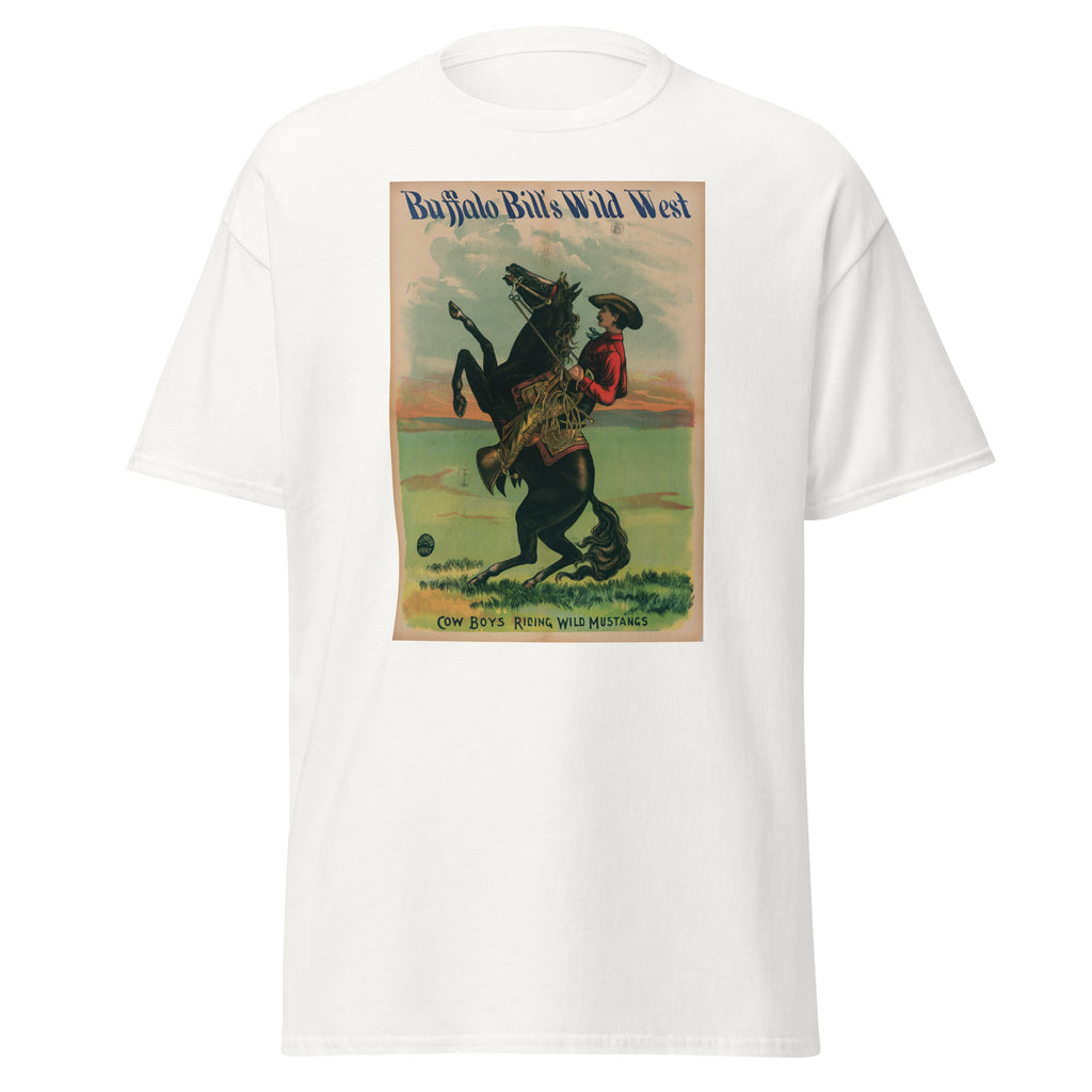 Unisex black t-shirt featuring vintage Buffalo Bill poster artwork printed across the front