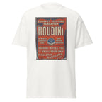 Unisex black t-shirt featuring vintage Houdini Vintage poster artwork printed across the front