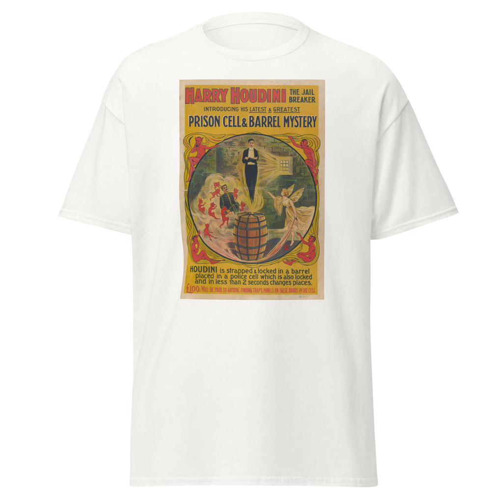 Unisex black t-shirt featuring vintage Houdini Jail Breaker poster artwork printed across the front