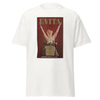 Unisex black t-shirt featuring vintage Evita Broadway poster artwork printed across the front