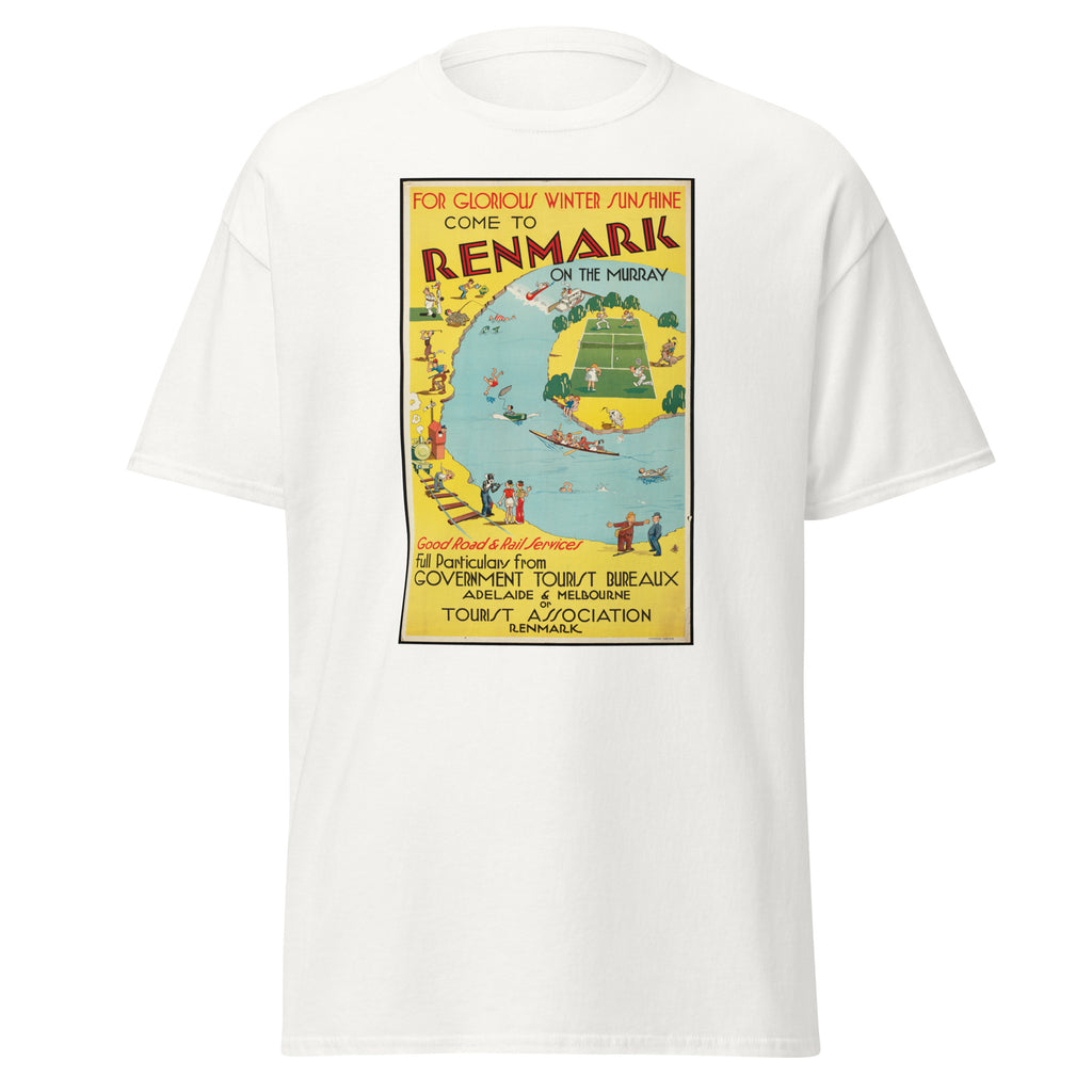 Unisex heather gray t-shirt featuring vintage Renmark South Australia Vintage poster artwork printed across the front