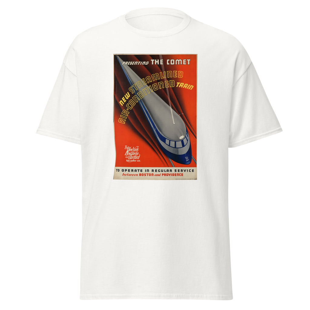 Unisex black t-shirt featuring vintage Comet Train Vintage poster artwork printed across the front
