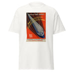 Unisex black t-shirt featuring vintage Comet Train Vintage poster artwork printed across the front