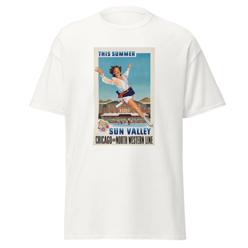Unisex black t-shirt featuring vintage Sun Valley Vintage poster artwork printed across the front