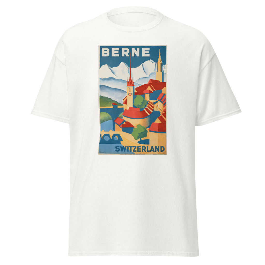 Unisex heather gray t-shirt featuring vintage Berne Switzerland Vintage poster artwork printed across the front