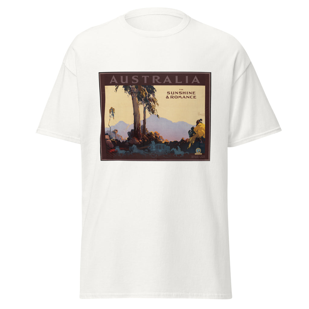Unisex black t-shirt featuring vintage Australia Travel Vintage poster artwork printed across the front