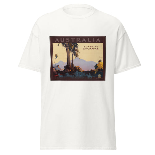 Unisex black t-shirt featuring vintage Australia Travel Vintage poster artwork printed across the front
