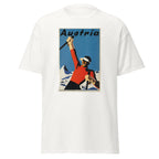 Unisex black t-shirt featuring vintage Austria Travel Vintage poster artwork printed across the front