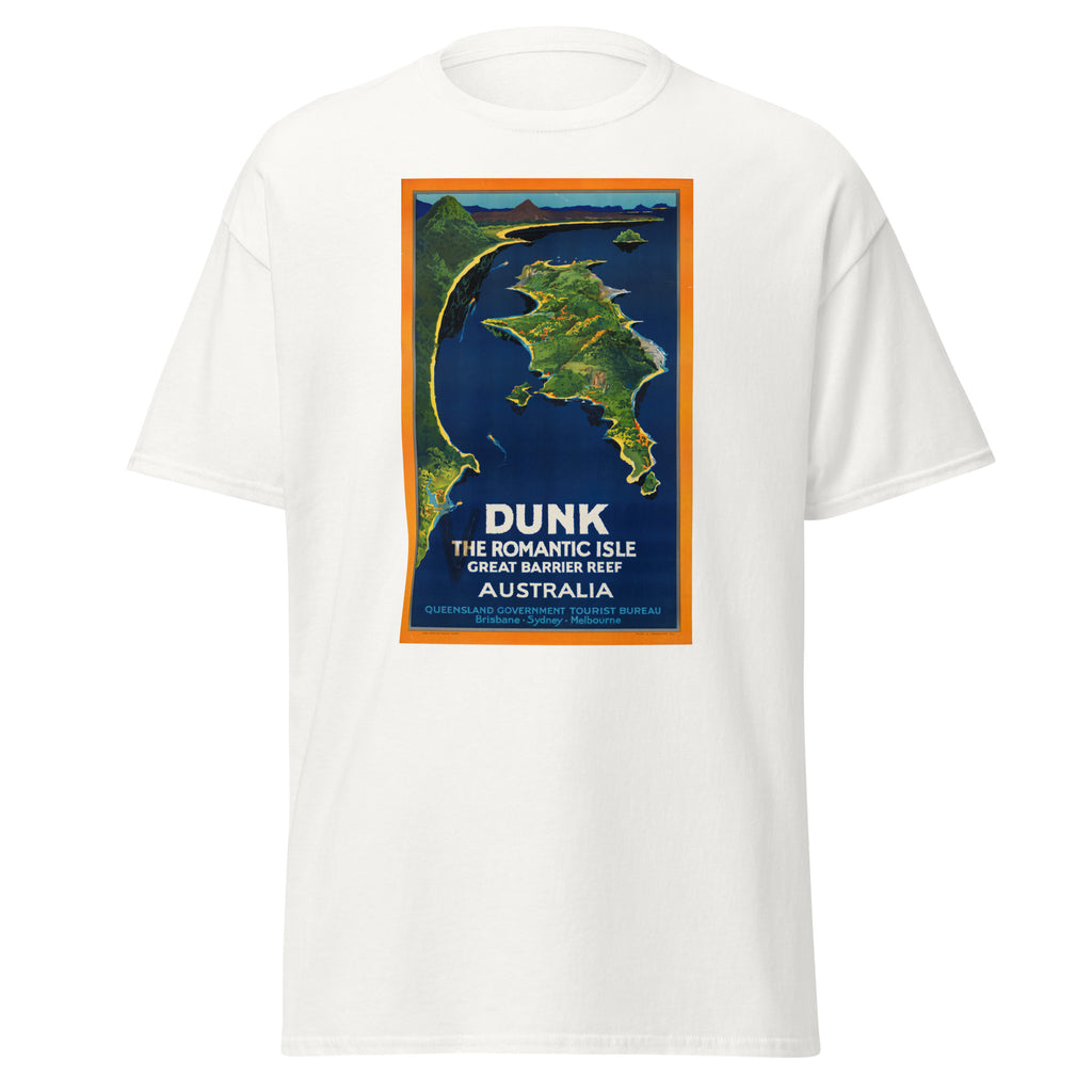 Unisex black t-shirt featuring vintage Dunk Island Vintage poster artwork printed across the front