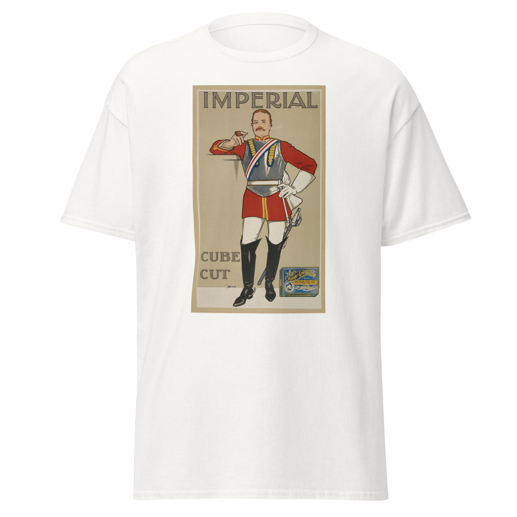 Unisex heather gray t-shirt featuring vintage Imperial Tobacco poster artwork printed across the front
