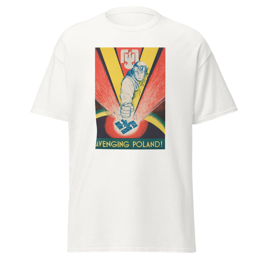 Unisex black t-shirt featuring vintage Avenging Poland poster artwork printed across the front