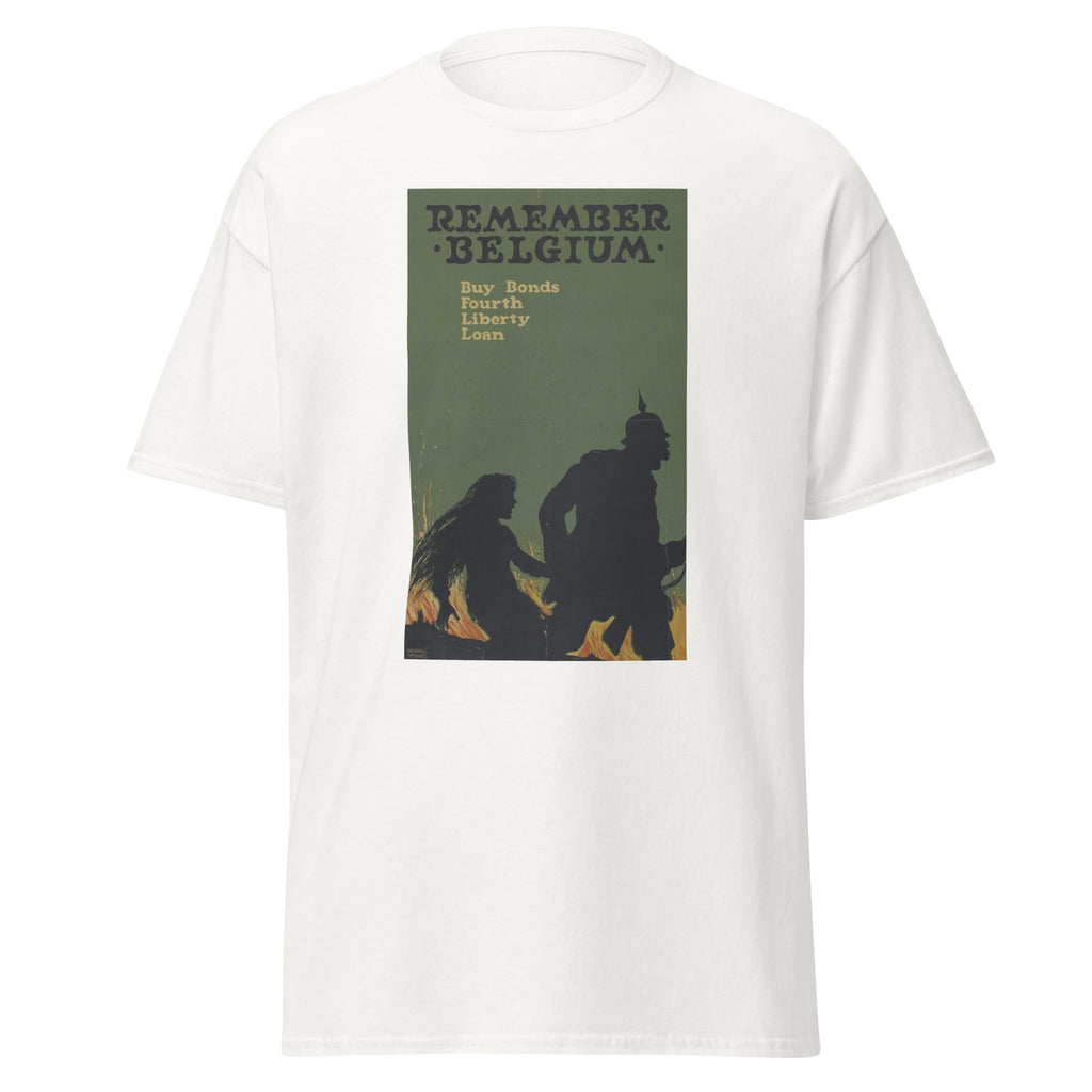 Unisex black t-shirt featuring vintage Remember Belgium poster artwork printed across the front
