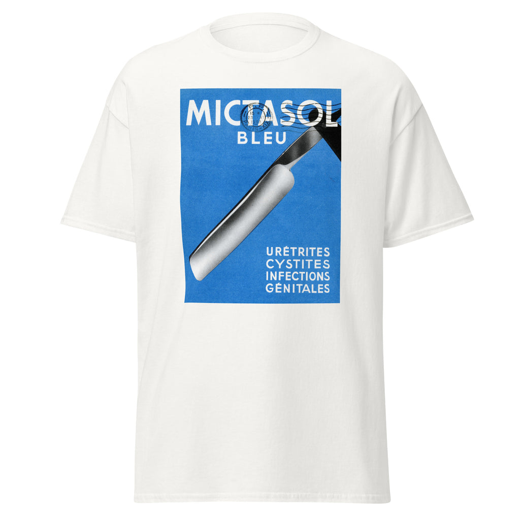 Unisex black t-shirt featuring vintage Mictasol poster artwork printed across the front