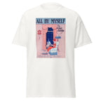 Unisex black t-shirt featuring vintage All by Myself poster artwork printed across the front
