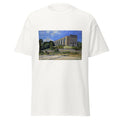 Unisex black t-shirt featuring Alfred Sisley painting "Aqueduct" printed across the front
